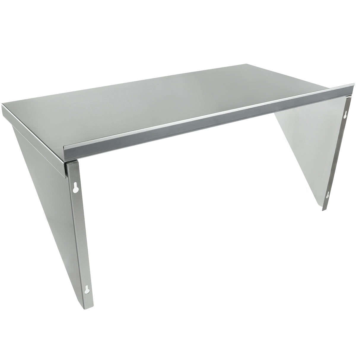 This NSF stainless steel wall mount storage shelf features a flat rectangular surface and sturdy triangular brackets. With a smooth, reflective finish and pre-drilled holes for mounting, the simple, industrial design is both durable and practical.