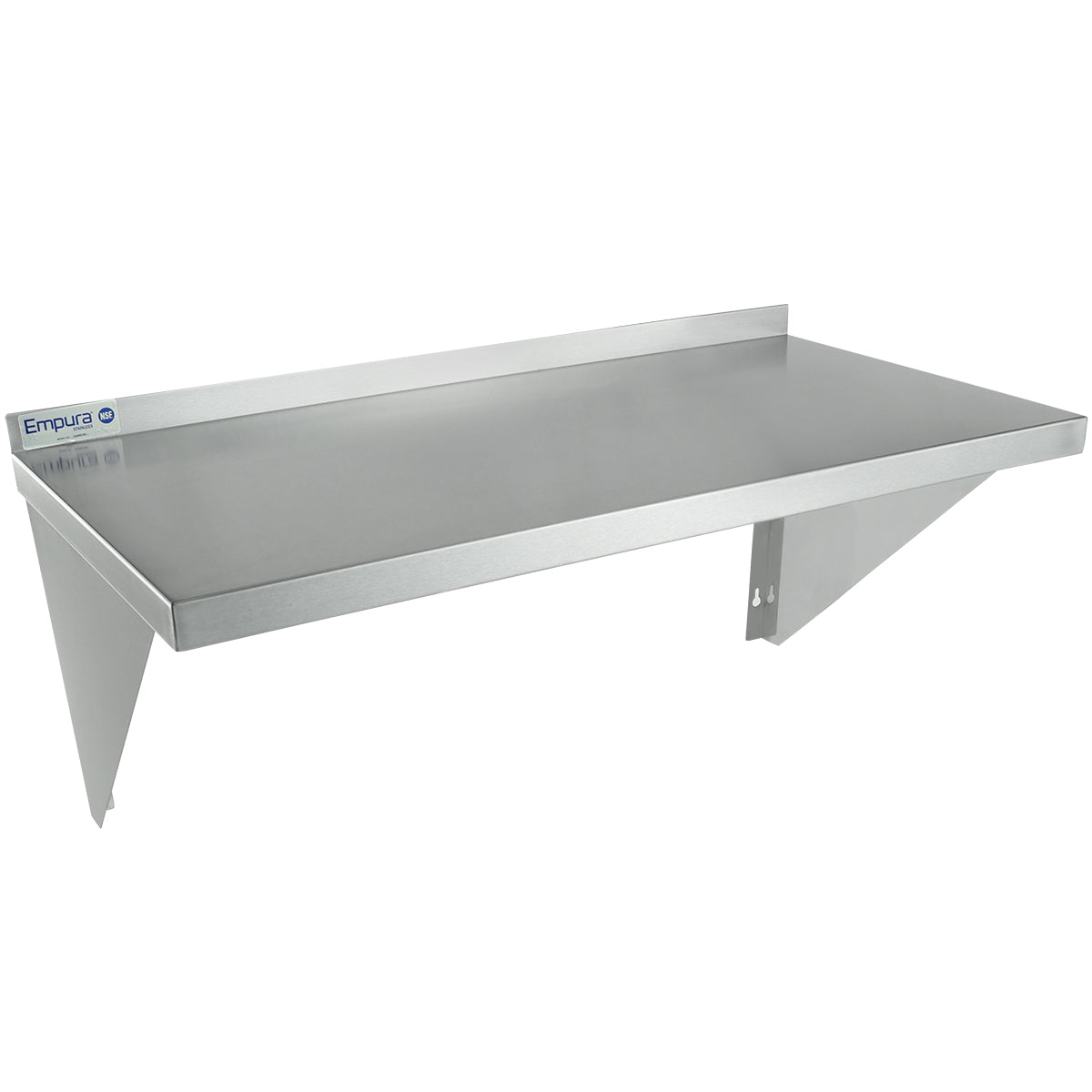 A stainless steel wall mount storage shelf with a smooth flat surface, rear backsplash, and angular support brackets. This NSF-certified Empura shelf is ideal for commercial or industrial use and is shown against a white background.