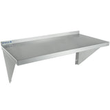 A stainless steel wall mount storage shelf with a smooth flat surface, rear backsplash, and angular support brackets. This NSF-certified Empura shelf is ideal for commercial or industrial use and is shown against a white background.
