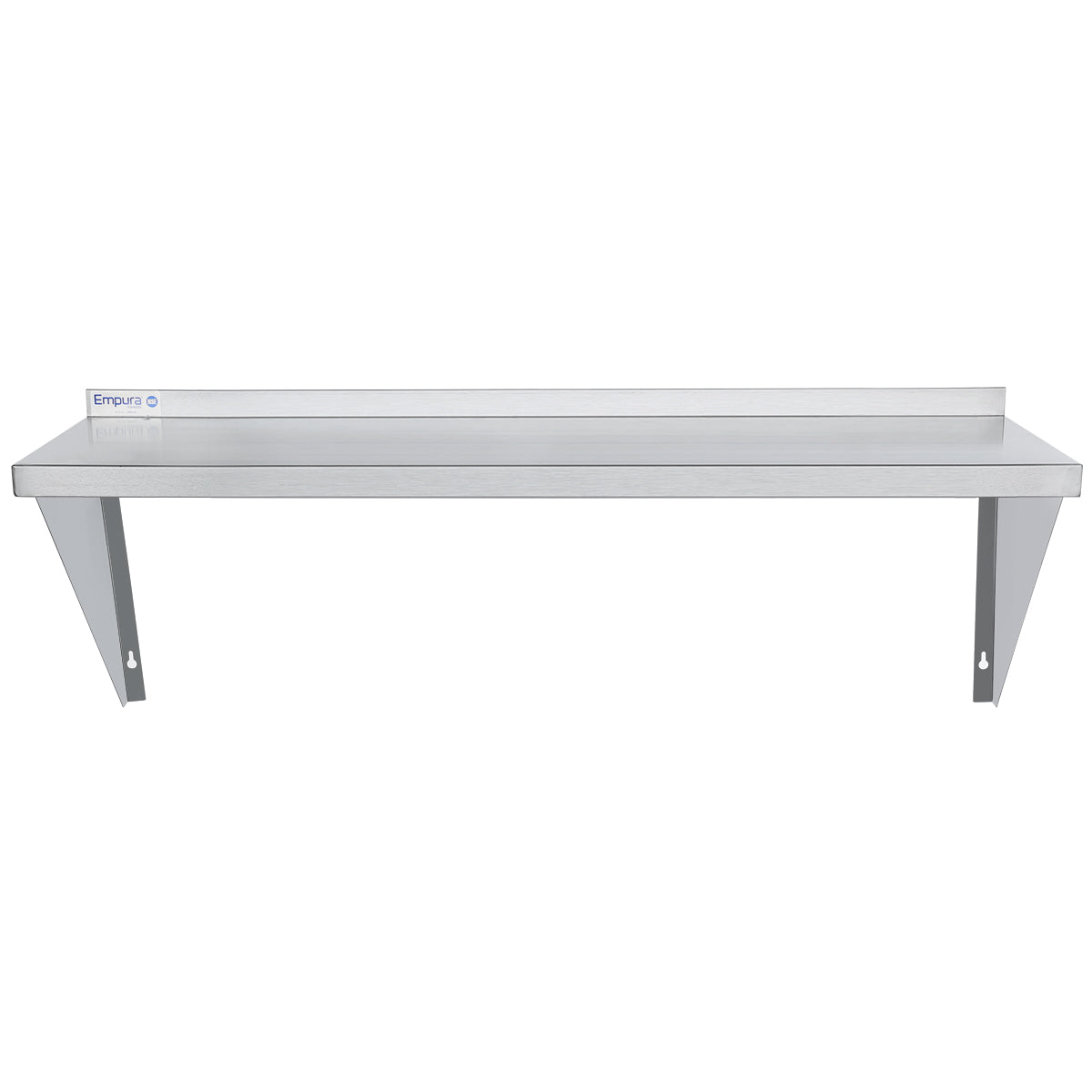 A stainless steel wall mount storage shelf with two triangular support brackets and a raised backsplash along the back edge. The NSF-certified surface is flat and smooth for organization, with a small Empura brand label on the left side.