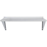 A stainless steel wall mount storage shelf with two triangular support brackets and a raised backsplash along the back edge. The NSF-certified surface is flat and smooth for organization, with a small Empura brand label on the left side.