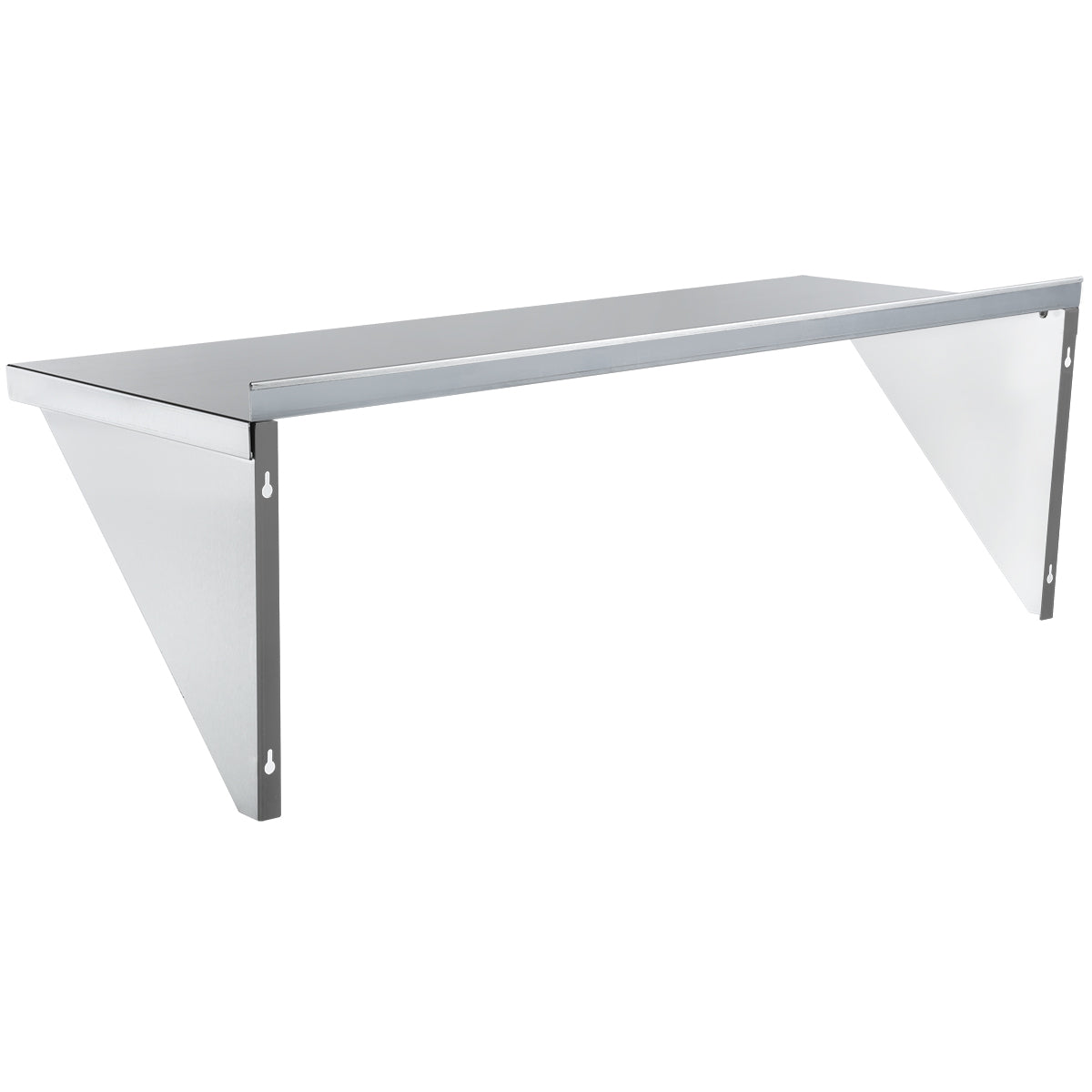 A rectangular stainless steel shelf with a flat surface and two triangular metal support brackets on each side. This modern, minimalist wall mount storage shelf is securely mounted to the wall, making it ideal for stylish organization.