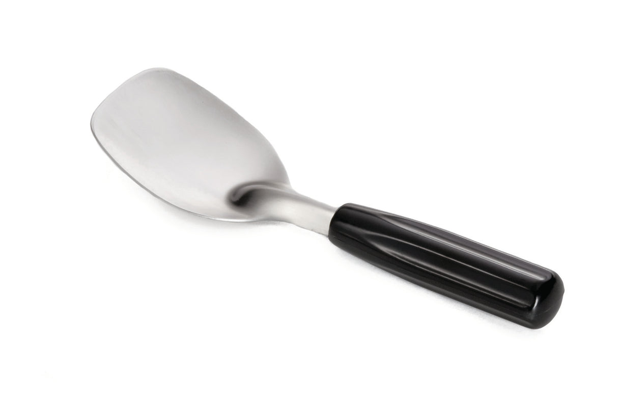 A stainless steel ice cream spade with a wide, slightly curved blade and a glossy black Bakelite handle, isolated on a white background. The utensil appears sturdy and is positioned diagonally, with the blade at the top left and the handle at the bottom right.