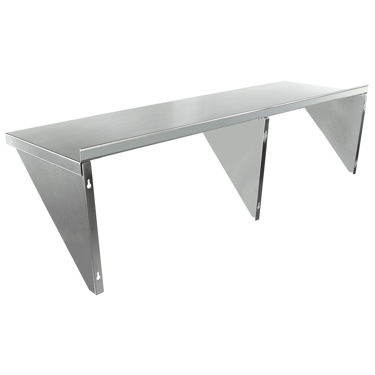 This NSF stainless steel wall mount storage shelf features three sturdy triangular brackets, a smooth flat surface with a shiny finish, and mounting holes for secure installation—ideal for kitchens, storage rooms, or industrial use.