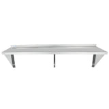 A stainless steel shelf with NSF certification, wall-mounted with a raised back edge and three angled support brackets. Designed for commercial or industrial use, this wall mount storage shelf offers a flat surface and a clean, minimal look.