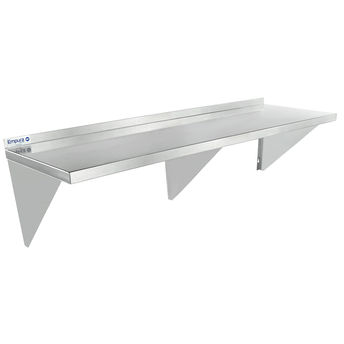 This NSF wall mount storage shelf features durable stainless steel construction, three triangular support brackets, and a raised back edge to prevent items from falling—ideal for kitchens or workspaces.