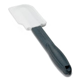 A kitchen spatula with a white, flexible silicone blade designed for high heat and a black ergonomic handle with a hanging hole. The spatula is angled slightly upward and shown on a plain white background.