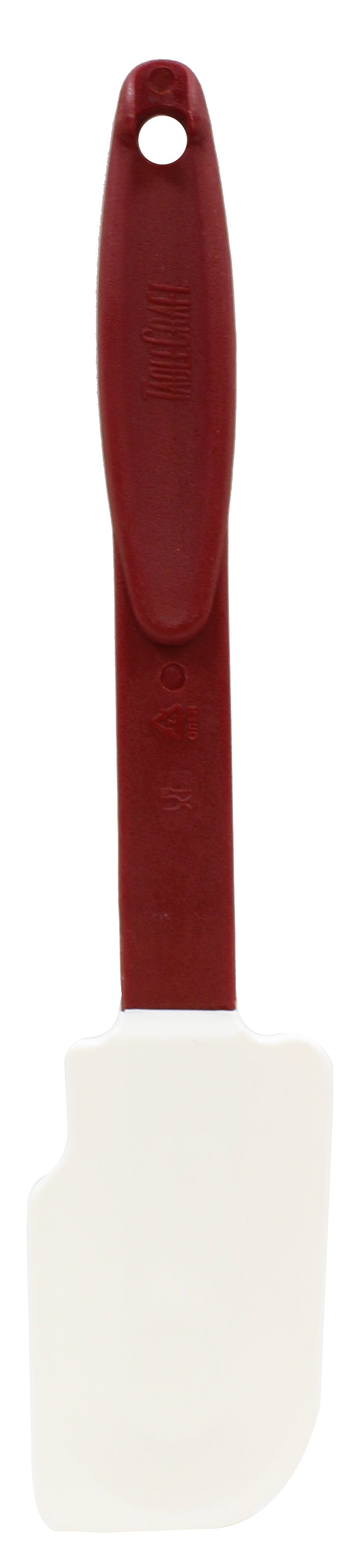 A kitchen spatula with a maroon handle and a high heat silicone blade, featuring one angled corner for scraping bowls or spreading ingredients. The handle has a hole for hanging, set against a plain white background.
