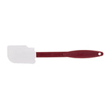 A dishwasher safe spatula with a flat, rectangular white silicone blade and a long maroon handle. The handle has a small hole for hanging storage. This high heat spatula is shown on a white background.