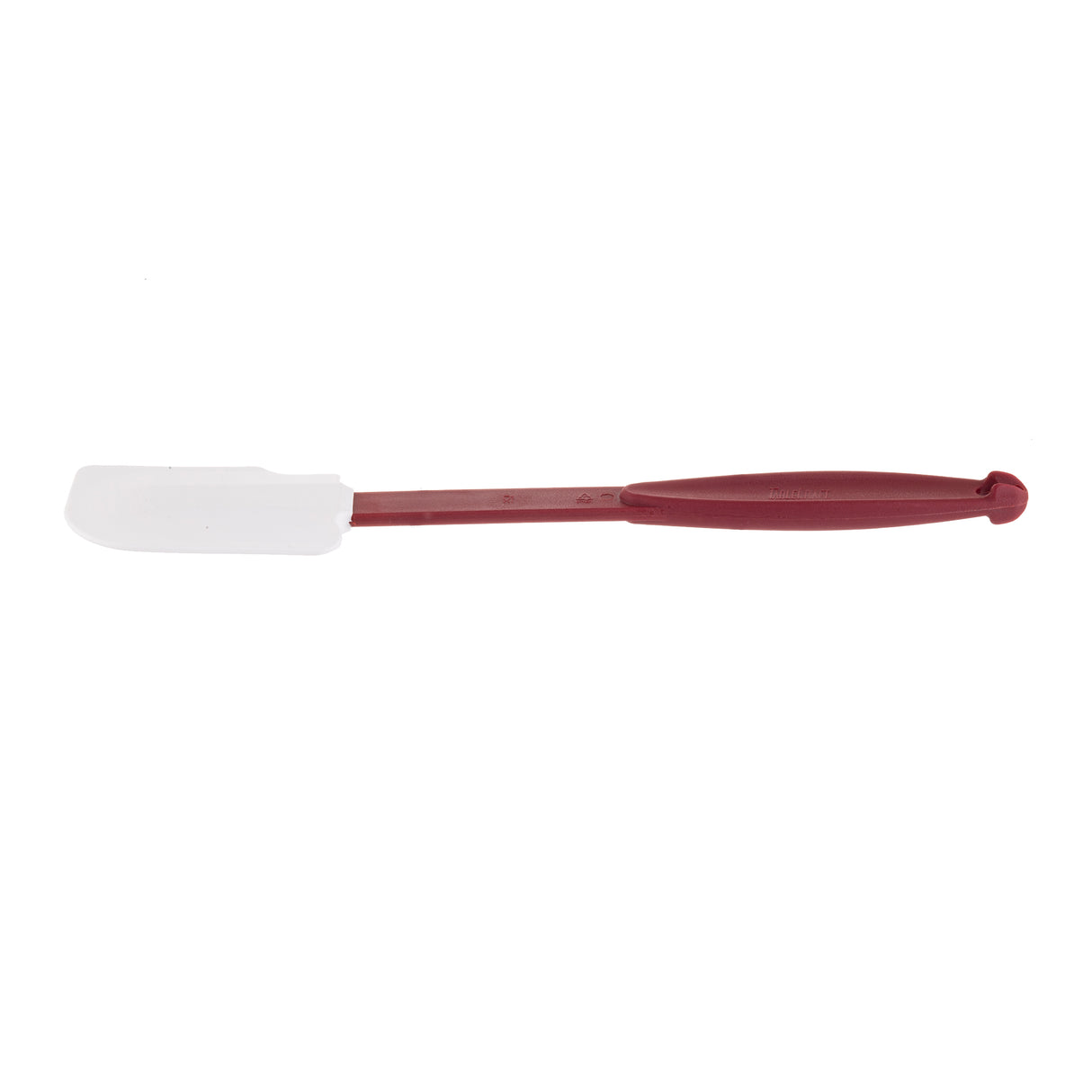 A silicone blade spatula with a maroon handle and white, rectangular blade is shown on a white background. The elongated handle has a small hole for hanging, and the slightly rounded blade corners make this kitchen tool both stylish and functional.
