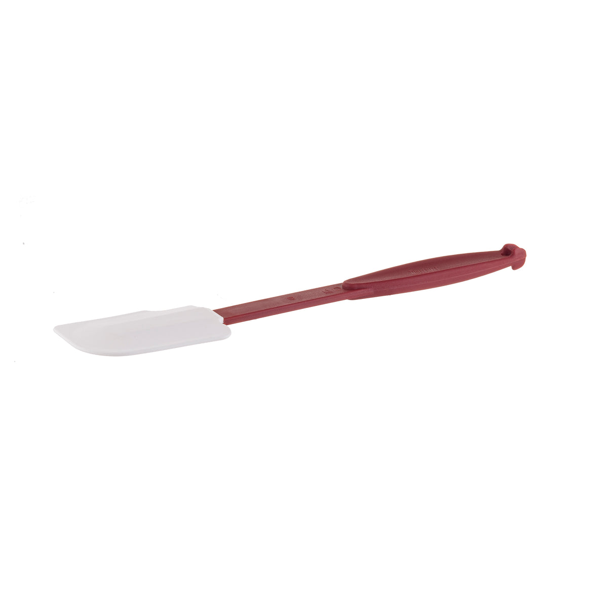 A red-handled high heat spatula with a flexible, rectangular white silicone blade is shown on a plain white background. The long handle features a hole for hanging, and the dishwasher safe spatula is angled slightly to the left.