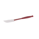 A red-handled high heat spatula with a flexible, rectangular white silicone blade is shown on a plain white background. The long handle features a hole for hanging, and the dishwasher safe spatula is angled slightly to the left.