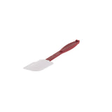 A silicone blade spatula with a white, rectangular flexible blade and a maroon handle. The slightly curved handle ensures a secure grip, and the spatula is angled upward, resting on a white background. Dishwasher safe spatula for easy cleaning.