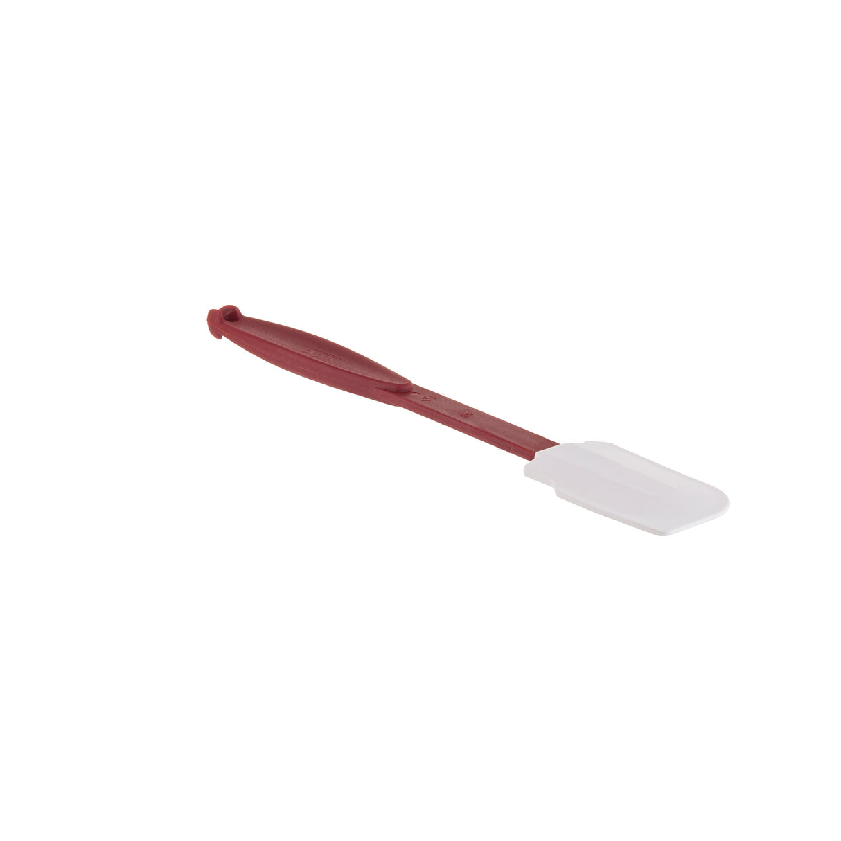A kitchen spatula with a maroon handle and a white, rectangular silicone blade is shown against a plain white background. The handle is slightly curved, and the flexible, dishwasher safe spatula head makes it perfect for everyday cooking.
