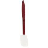 A BPA free silicone spatula with a long maroon handle and a white flexible rectangular blade, shown against a white background. The handle has a hole for hanging. This high heat spatula is perfect for mixing or scraping food from bowls and cookware.