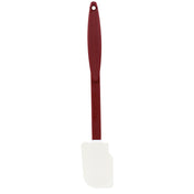 A BPA free silicone spatula with a long maroon handle and a white flexible rectangular blade, shown against a white background. The handle has a hole for hanging. This high heat spatula is perfect for mixing or scraping food from bowls and cookware.