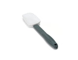 A gray-handled, BPA free kitchen spatula with a flat, rectangular white silicone head is shown on a white background. High heat resistant and ergonomic, the spatula features a curved grip, hanging hole, and is positioned diagonally.