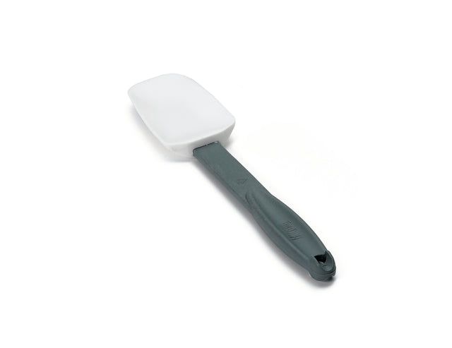 A gray-handled, BPA free kitchen spatula with a flat, rectangular white silicone head is shown on a white background. High heat resistant and ergonomic, the spatula features a curved grip, hanging hole, and is positioned diagonally.