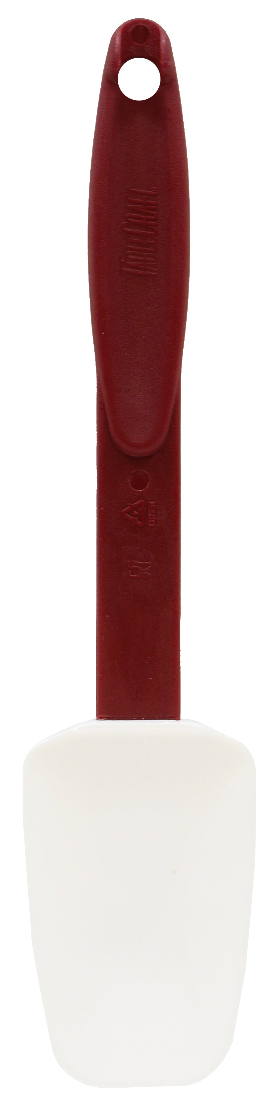 A high heat resistant kitchen spatula with a white, rectangular silicone blade and a maroon BPA free plastic handle featuring a hole at the top for hanging. The spatula is shown vertically on a white background.