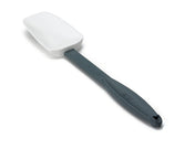 A white silicone spatula with a long, dark gray handle is shown against a white background. The high heat resistant blade is slightly angled, and the BPA free handle features a small hole at the end for hanging.