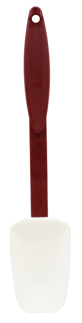 A high heat resistant kitchen spatula with a maroon handle and a white, flexible silicone blade. The BPA free handle has a hole at the top for hanging. The image is taken against a plain white background.