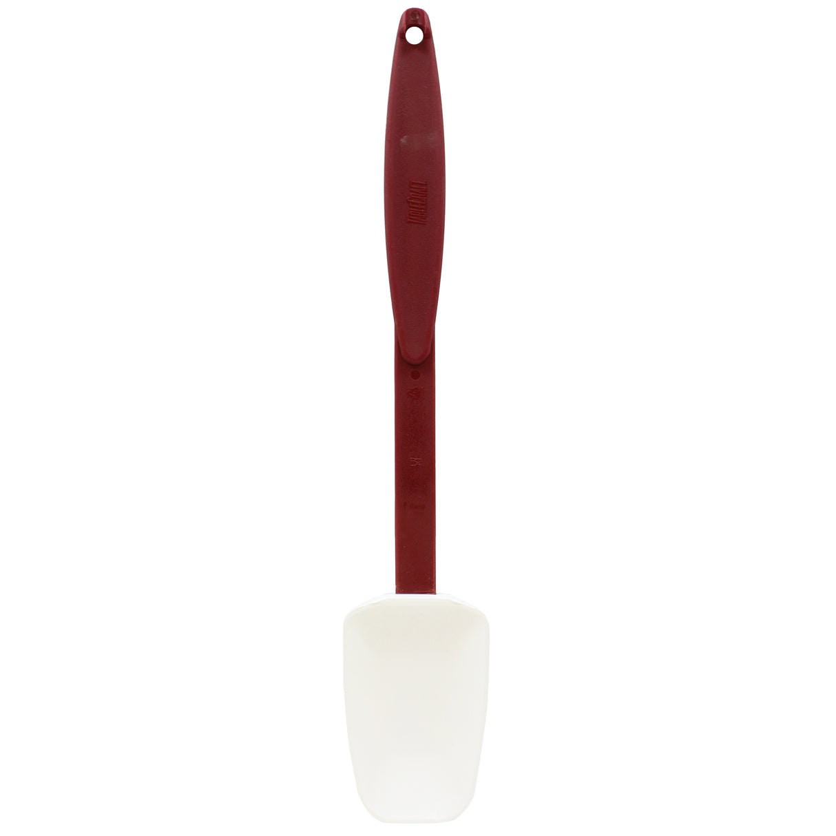 A high heat resistant, BPA free silicone spatula with a long maroon handle and a wide, flexible white head is shown on a plain white background. The handle has a hole at the end for hanging.