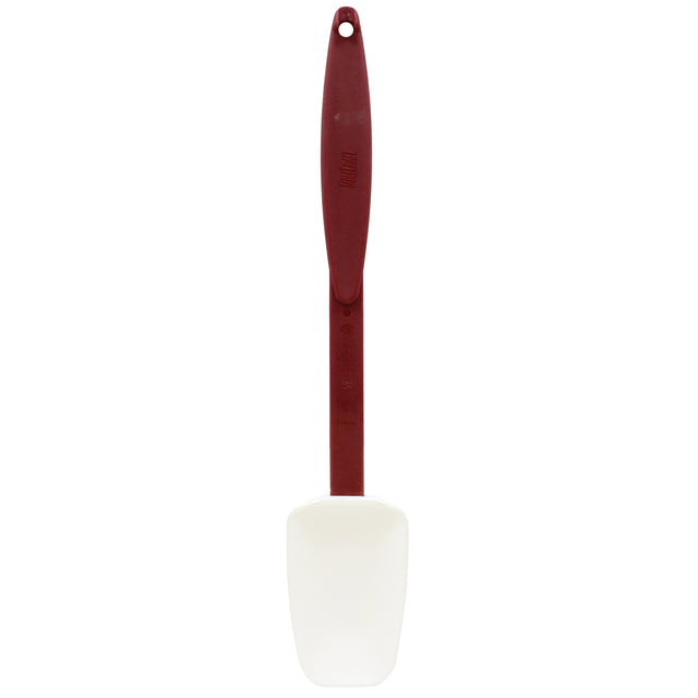 A high heat resistant, BPA free silicone spatula with a long maroon handle and a wide, flexible white head is shown on a plain white background. The handle has a hole at the end for hanging.