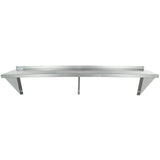 A long NSF Stainless Steel Shelf with three support brackets and a slightly raised back edge. This wall mount storage shelf features a flat, smooth surface ideal for industrial or commercial use. The background is plain white.