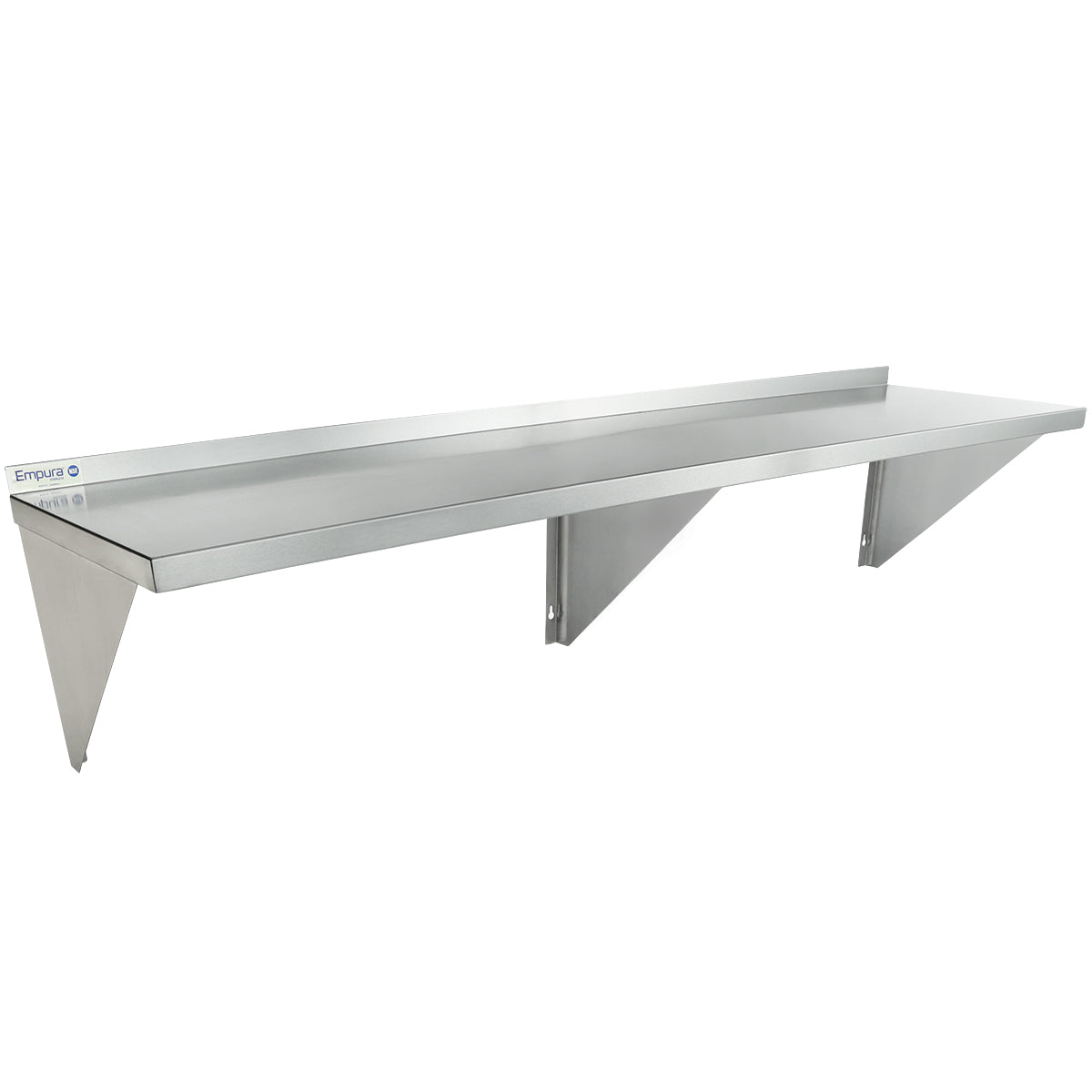 A stainless steel shelf with NSF certification, featuring two triangular support brackets and a raised rear edge. This wall mount storage shelf has a smooth, reflective surface, ideal for heavy-duty kitchen or industrial use against a plain white background.