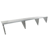 A long, rectangular, stainless steel shelf with four angled support brackets evenly spaced underneath. This heavy duty shelf features a smooth, reflective surface and visible screw holes for secure wall mount storage.