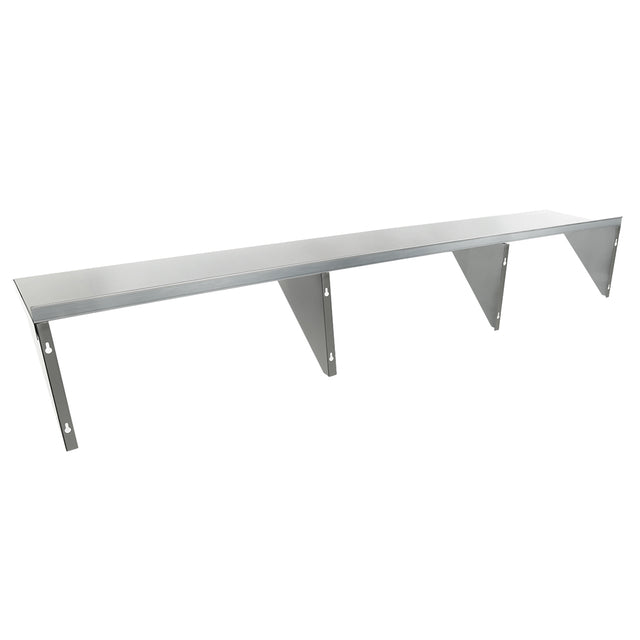 A long, rectangular, stainless steel shelf with four angled support brackets evenly spaced underneath. This heavy duty shelf features a smooth, reflective surface and visible screw holes for secure wall mount storage.