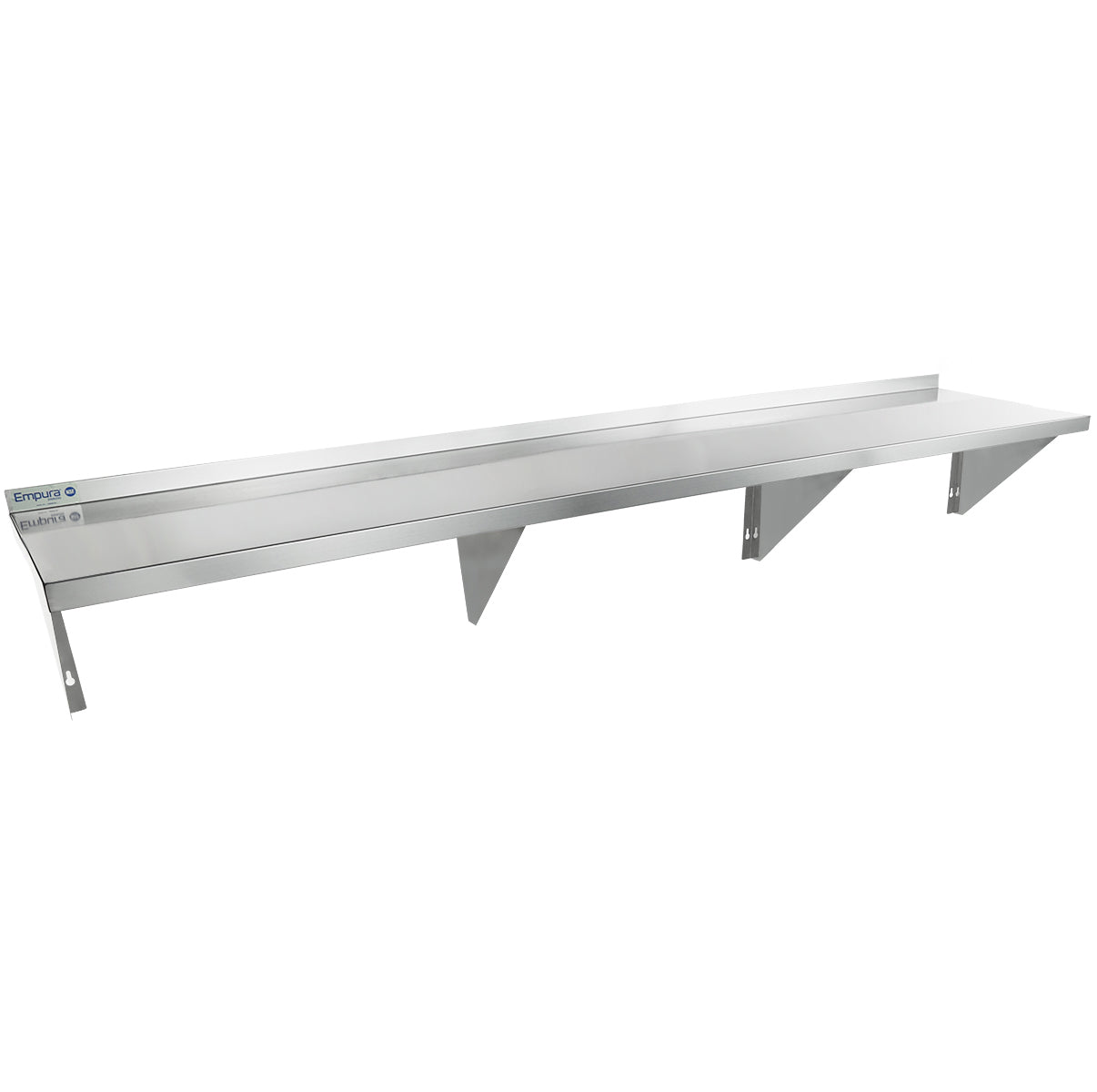A long, heavy duty stainless steel shelf with a backsplash and three angled support brackets. This wall mount storage shelf features a smooth surface, perfect for organizing kitchens or storage areas.