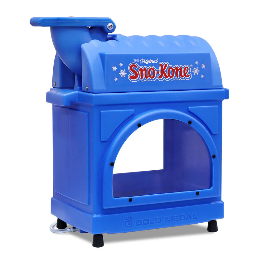 A blue plastic Sno-King Sno-Kone Machine with The Original Sno-Kone written on the top, snowflake graphics, an insulated cabinet, a curved clear window, an aluminum shaver head, and a Gold Medal-labeled base.