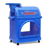 A blue plastic Sno-King Sno-Kone Machine with The Original Sno-Kone written on the top, snowflake graphics, an insulated cabinet, a curved clear window, an aluminum shaver head, and a Gold Medal-labeled base.