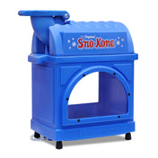 A blue plastic Sno-King Sno-Kone Machine with The Original Sno-Kone written on the top, snowflake graphics, an insulated cabinet, a curved clear window, an aluminum shaver head, and a Gold Medal-labeled base.
