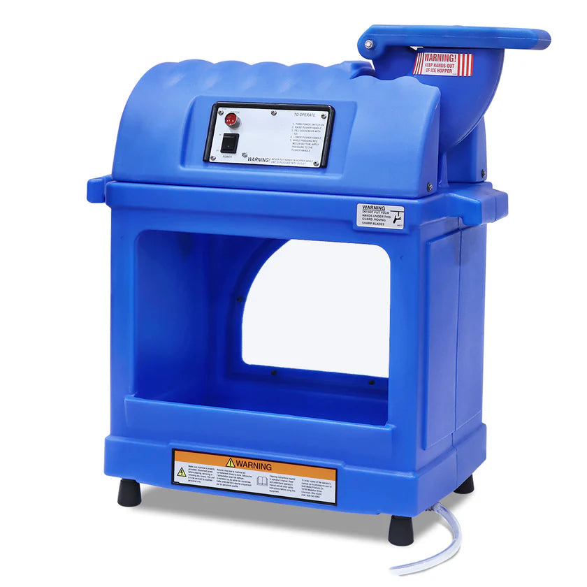 A blue Sno-King Sno-Kone Machine with an aluminum shaver head, a hopper on top, front control panel with buttons and warning labels, and an open compartment below for collecting ice. It stands on four black feet, with a clear hose extending from the base.
