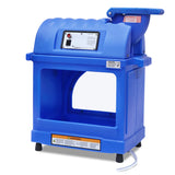 A blue Sno-King Sno-Kone Machine with an aluminum shaver head, a hopper on top, front control panel with buttons and warning labels, and an open compartment below for collecting ice. It stands on four black feet, with a clear hose extending from the base.