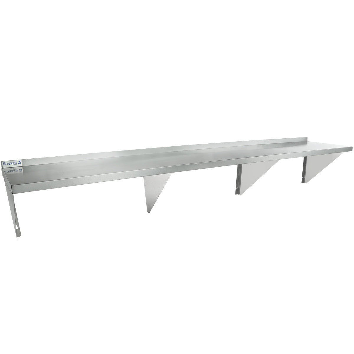 A stainless steel wall-mounted storage shelf with three angled support brackets and a raised back edge. This heavy duty shelf features a simple, industrial design perfect for kitchens or storage areas. The left end displays a small blue and white label.