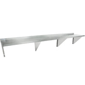A stainless steel wall-mounted storage shelf with three angled support brackets and a raised back edge. This heavy duty shelf features a simple, industrial design perfect for kitchens or storage areas. The left end displays a small blue and white label.