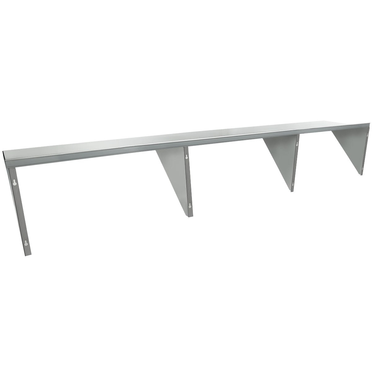 A long, rectangular stainless steel shelf with three angled support brackets evenly spaced beneath it. This heavy duty shelf features a smooth, modern finish and vertical mounts for sturdy wall mount storage shelf support.
