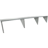 A long, rectangular stainless steel shelf with three angled support brackets evenly spaced beneath it. This heavy duty shelf features a smooth, modern finish and vertical mounts for sturdy wall mount storage shelf support.