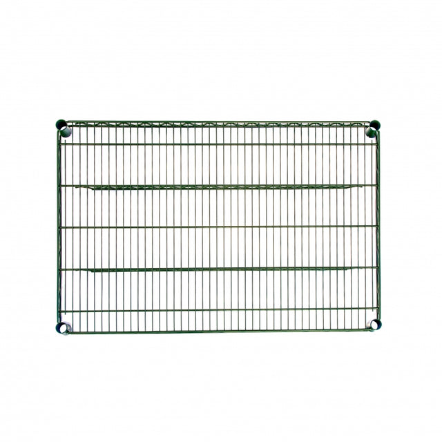 A rectangular, green epoxy coating wire shelf with four rounded corners and a grid of horizontal and vertical bars, photographed against a plain white background. The 72 inch shelf features four circular holes, one in each corner.