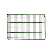 A rectangular 60x24 wire shelf with a grid pattern, four rounded corners, and parallel bars features a durable green epoxy coating. The shelf is shown from above against a plain white background.