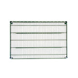 A rectangular 48x18 wire shelf with a grid pattern, four corner mounting points, and two thicker horizontal support bars. The metal shelf features a green epoxy coating and is photographed against a plain white background.