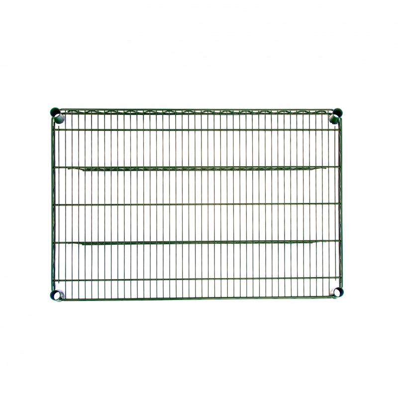A sturdy 30W x 14D wire shelf with evenly spaced bars, four corner mounting holes, and a green epoxy finish is shown against a plain white background. Ideal for storage or organization, it offers both durability and style.