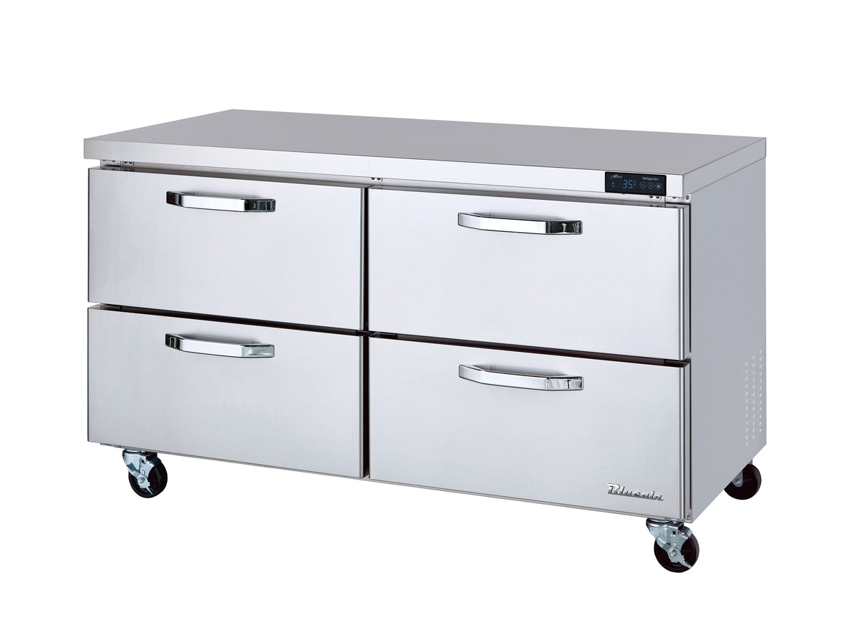A stainless steel undercounter refrigerator with four horizontal pull-out drawers, mounted on caster wheels. Featuring a self-contained refrigeration system and a digital temperature display, this unit boasts a smooth, reflective finish and sturdy design.