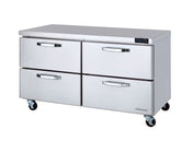 A stainless steel undercounter refrigerator with four horizontal pull-out drawers, mounted on caster wheels. Featuring a self-contained refrigeration system and a digital temperature display, this unit boasts a smooth, reflective finish and sturdy design.