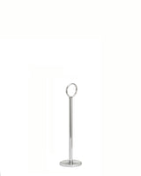 A sleek, modern chrome plated TableCraft number stand with a round base and a tall, thin pole ending in a circular ring at the top. The object is entirely silver-colored and stands against a plain white background.
