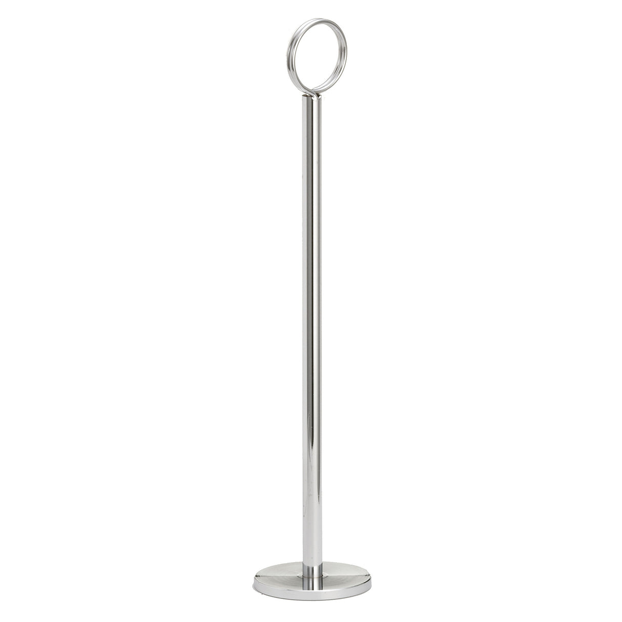 A tall, slim TableCraft chrome plated Number Stand featuring a circular ring at the top, a smooth cylindrical pole, and a round flat base. The minimalistic design stands out against the plain white background.