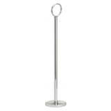 A tall, slim TableCraft chrome plated Number Stand featuring a circular ring at the top, a smooth cylindrical pole, and a round flat base. The minimalistic design stands out against the plain white background.